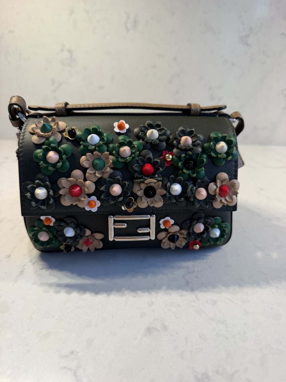 Fendi Baguette Flowerland Embellished Floral Studded Bag Black